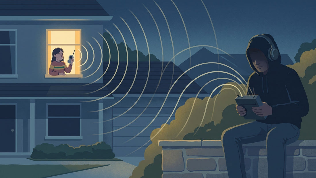 An illustration of a girl talking into a walkie-talkie at her window at night while a hooded figure in headphones on the garden wall picks up the same radio waves on a scanner.