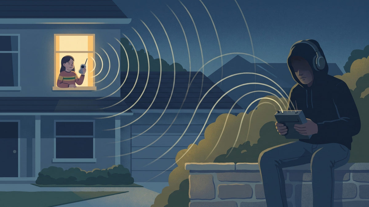 An illustration of a girl talking into a walkie-talkie at her window at night while a hooded figure in headphones on the garden wall picks up the same radio waves on a scanner.