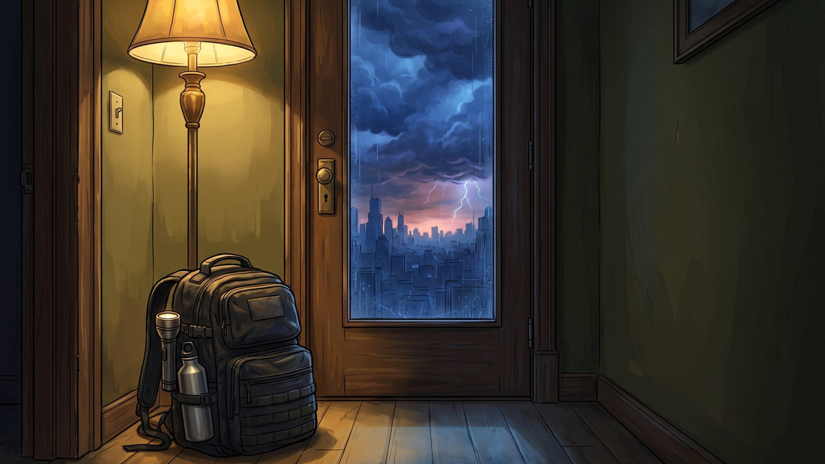 An illustration of a packed emergency backpack waiting by a front door at night while storm clouds and lightning hang over the city outside.
