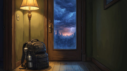 An illustration of a packed emergency backpack waiting by a front door at night while storm clouds and lightning hang over the city outside.