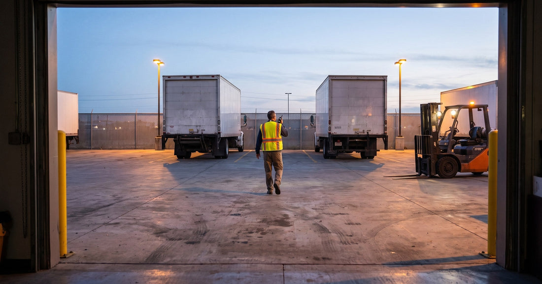 A supervisor in a high-visibility vest crosses a freight yard at dusk with a compact radio at chest height.