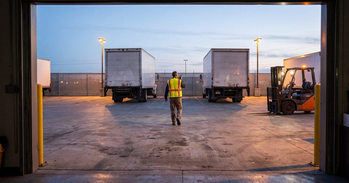 A supervisor in a high-visibility vest crosses a freight yard at dusk with a compact radio at chest height.