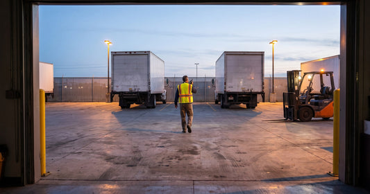 A supervisor in a high-visibility vest crosses a freight yard at dusk with a compact radio at chest height.