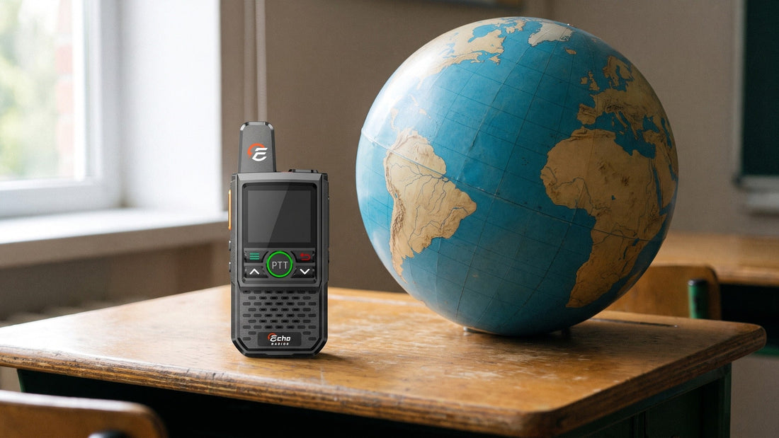 A compact handheld radio stands on a desk in front of a plain unlabeled globe turned to show the Atlantic.