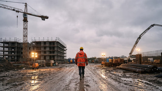 A site manager in a high-visibility jacket walks a muddy access road between two plots at the end of the day, with a tower crane and a half-framed building behind.