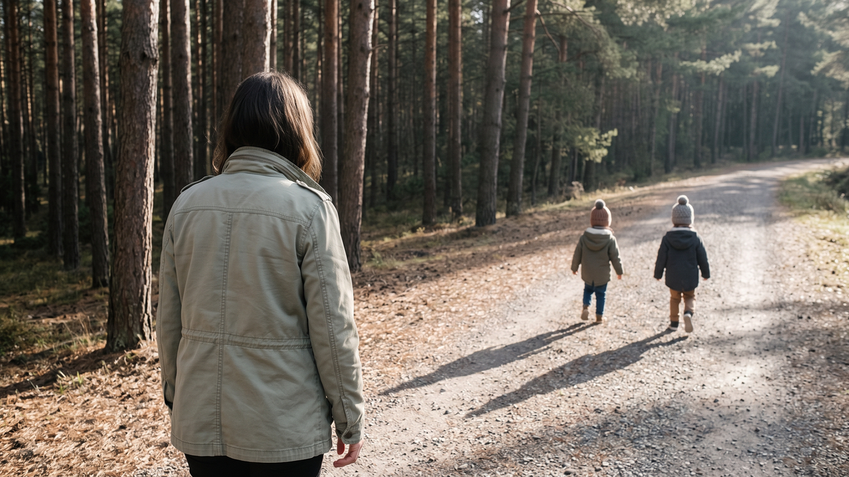 A parent stands on a gravel track through a pine forest, watching two small children walk ahead up the path with their backs turned.