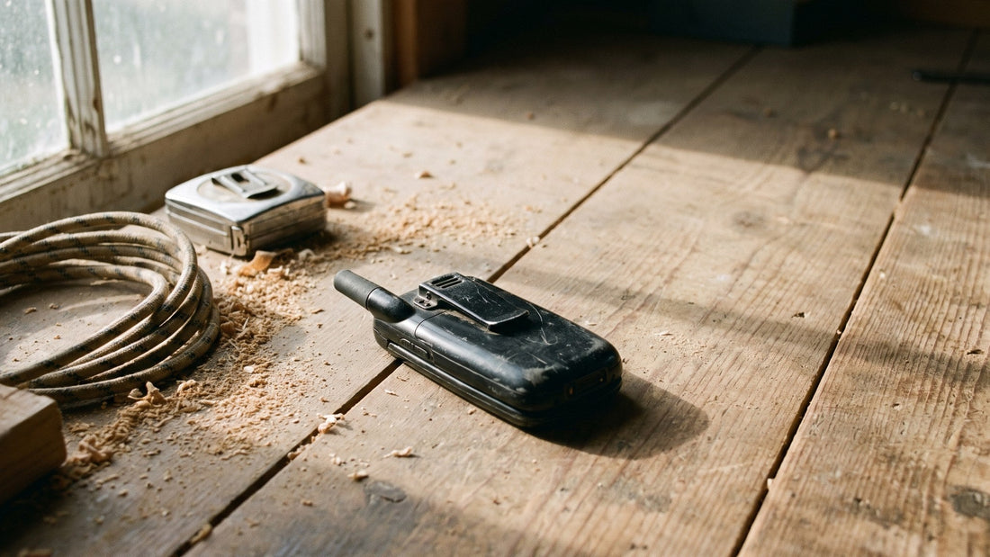 A scuffed mid-2000s flip phone lies face down on a worn workbench beside a coiled cable and a tape measure in morning light.