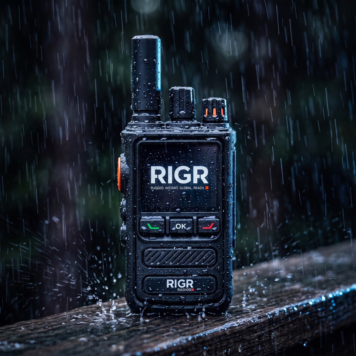 RIGR radio standing in heavy rain with water beading on the body and screen