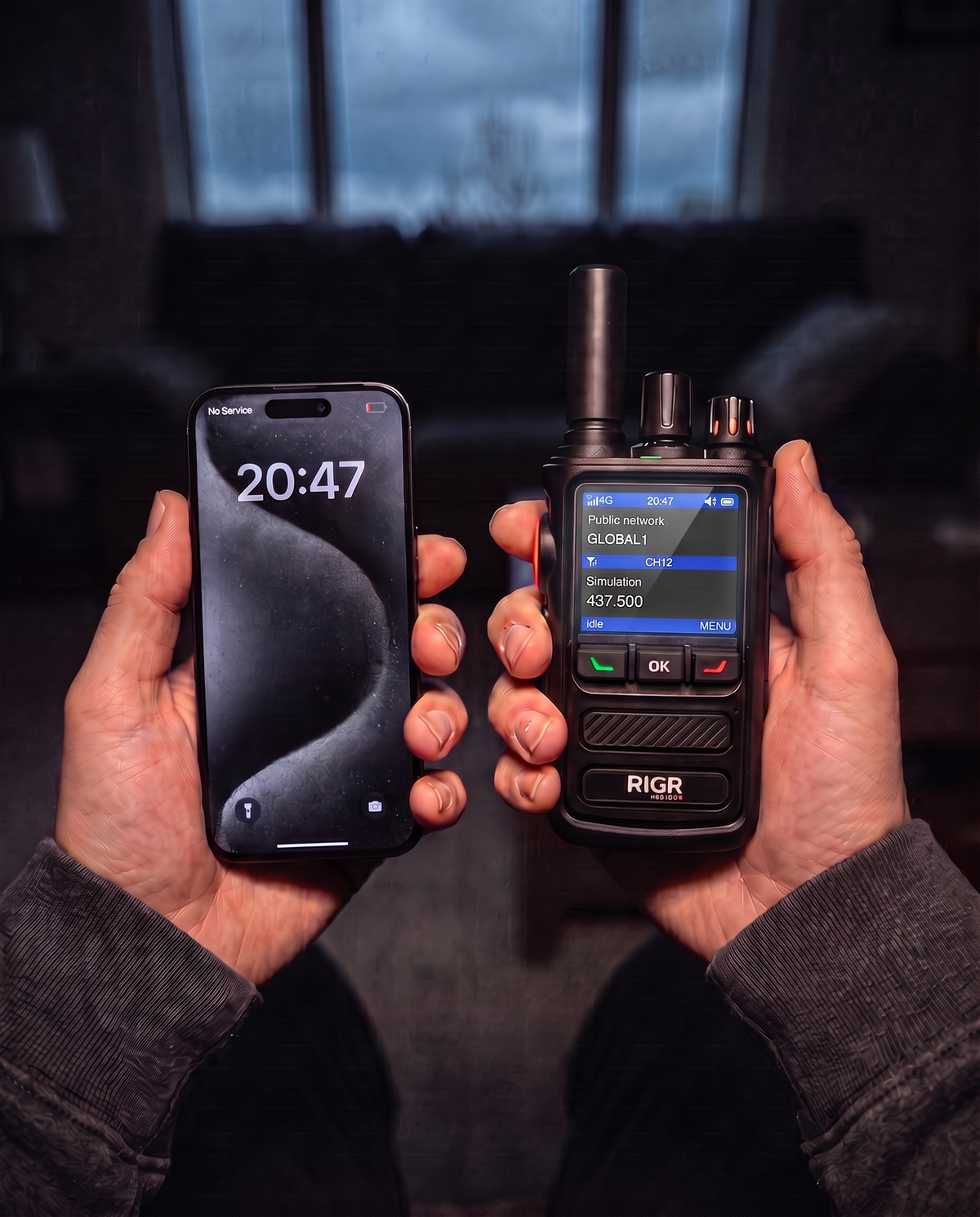 RIGR radio on a kitchen table lit by a lantern during a power outage, with a family behind it