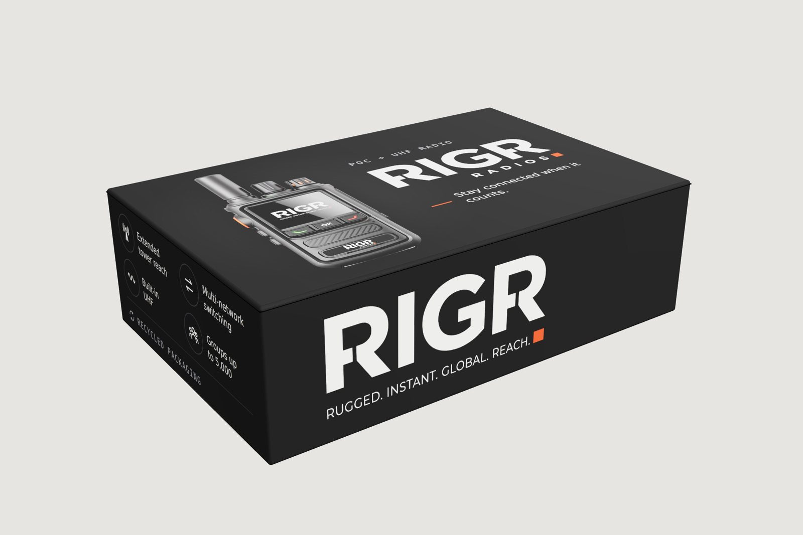 RIGR retail box, front three-quarter view